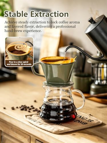Gomakren Ceramic Pour Over Coffee Dripper, 3-Hole Cone Brewer, Olive Green - Image 3