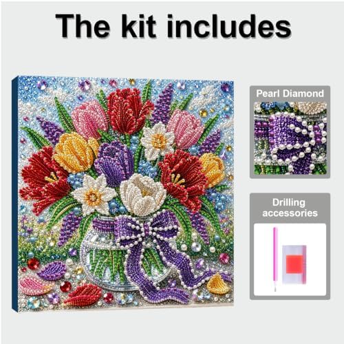 DIY Pearl Painting Kit for Adults, Tulip Flower Gem Art with Wood Frame, 20x20cm Pearl Diamond Craft, Floral Wall Decor Gift for Women, Beginners Relaxing Hobby Kit - Image 5