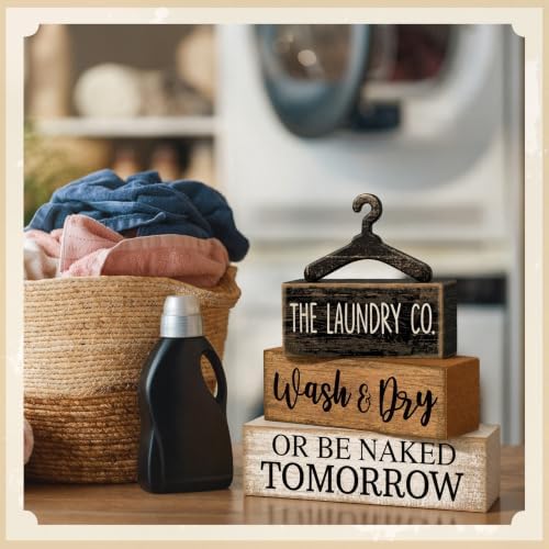 Moucuny 4 Pcs Farmhouse Laundry Room Decor Stacked Blocks Rustic Home Decor - Image 4