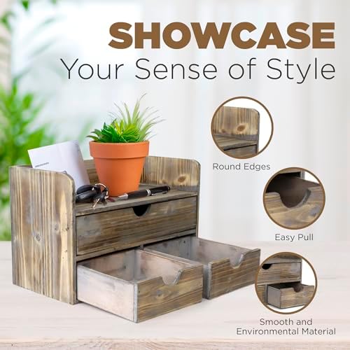 Besti Wooden Office Desk Organizer - Organizing Tool for Desktop, Cubicle, Bedroom, Kitchen - Vintage Style Organization Caddy with Top Tray Shelf & 3 Drawers - 13.6x9x7 Inches (Rustic) - Image 5