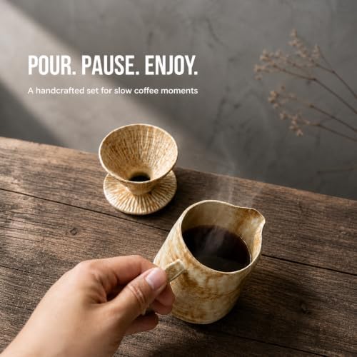 Ceramic Pour Over Coffee Maker Set, 2-Piece Stoneware Coffee Dripper and Pitcher, Rustic Wheat Glaze Manual Coffee Brewer, 11.3 oz Coffee Server for Home Kitchen - Image 3