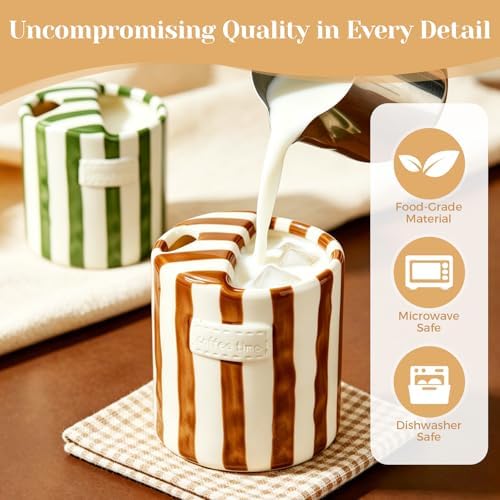 Ceramic Coffee Mug Novelty Ceramic Travel Mug Cute Espresso Cups To Go Anthropologie Latte Cups Aesthetic Brown Pottery Mugs With Sip Hole 10oz Clay Striped Vintage Handmade Coffee Cup for Home - Image 4