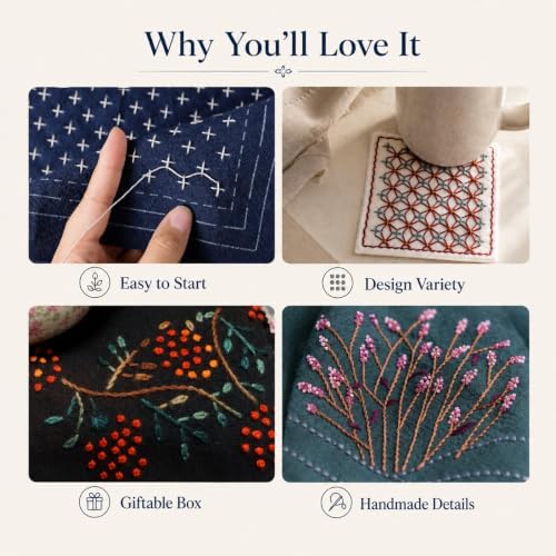 TMEGMIC Sashiko Embroidery Kit for Beginners, DIY Hand Stitching Coaster Making Craft Kit, Makes 10 Pcs in 4 Patterns (DIY Material Kit Only) - Image 3
