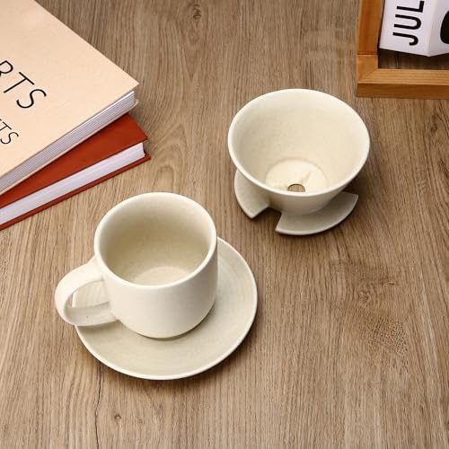 Pour Over Coffee Maker, with 50 PCS Basket Coffee Filters, 310 ml/10 oz Mug with Saucer & Coffee Dripper, Ceramic, Off-white - Image 6