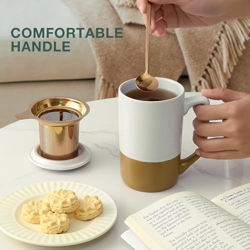 Gencywe Ceramics Large Tea Cup with Loose Leaf Infuser, Spoon and Lid, 16 oz Tall Coffee Mug, Microwave and Dishwasher Safe, Rustic Matte Ceramic Glaze, Tea Strainer, Amber - Image 2