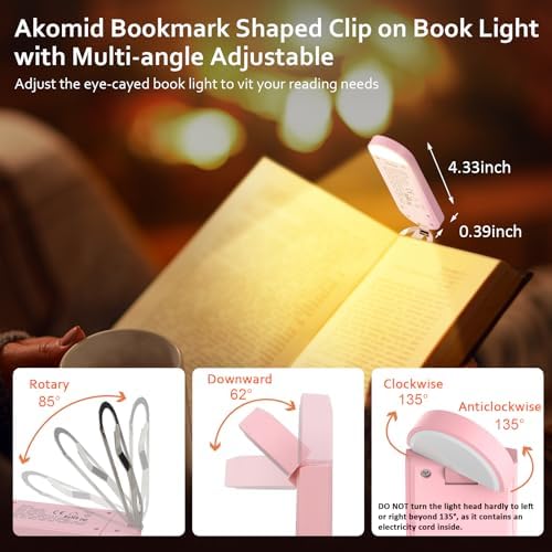 Akomid USB Rechargeable Book Light for Reading in Bed, 8 LEDs Bookmark Style Clip on, Eye-Cared Amber Light Mode for Kids, Blue Light Blocking, Stepless Dimming, Pink - Image 6