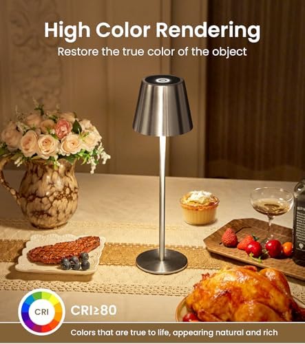 3 Pack Cordless Table Lamp, Portable Battery Operated Lamp with 3 Color Temps and Stepless Dimming, Rechargeable Table Lamp for Dinner, Desk, Cafe, Outdoor (Brushed Silver) - Image 6
