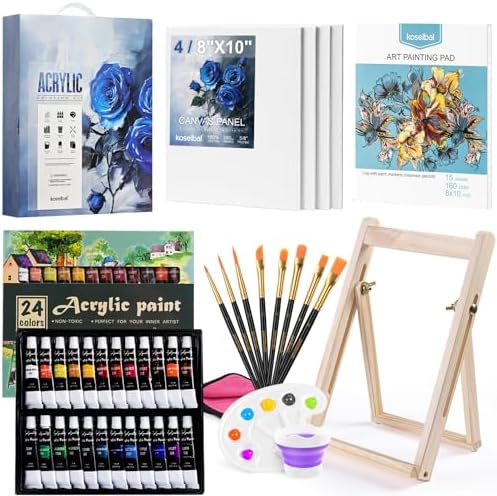 koseibal 24 Color Acrylic Paints Set with Tabletop Easel and Canvas Pad by koseibal
