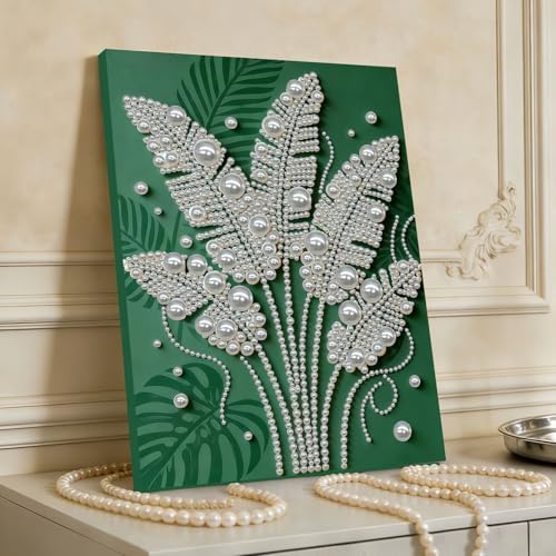 DIY Pearl Painting with Frame, Creative Design, Handmade Stress-Relieving Home Wall Decoration, Includes Frame and Tools-Monstera Leaves - Image 2