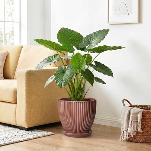 10 Inch Planter, Ceramic Flower Pot with Drainage Hole and Saucer, Round Indoor Plant Pots for Large Plants, Modern Decorative Planter, Home Kitchen Decor, Gifts for Men Women, Rust Red - Image 4