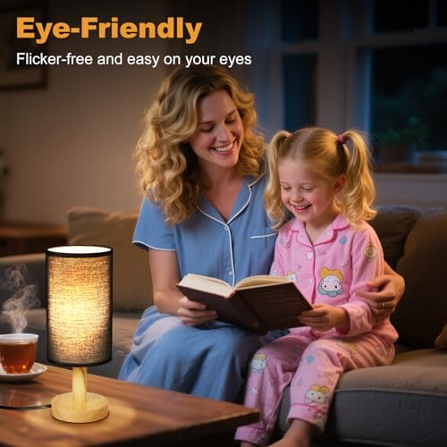 Black Small Bedside Table Lamp for Bedroom,Natural Round Wood Base&Fabric Linen Shade,Cozy Night Table Light for Study Reading,Minimalist Boho Desk Lamp for Nightstand,Living Room,Nursery,Kitchen,Dorm - Image 2