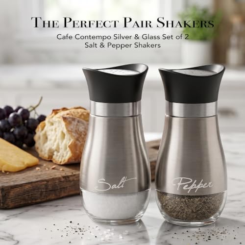 Circleware 68255 Cafe Contempo Elegant Glass Salt and Pepper Shakers Dispenser, Perfect for Himalayan Seasoning Herbs Spices, 4.4 oz, Silver - Image 2