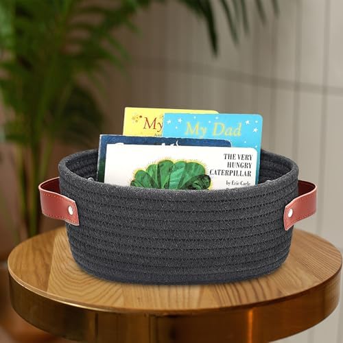 ABenkle Small Woven Basket, Mini Cotton Rope Storage Basket, Tiny Easter Basket, Shelf Basket, Oval Decorative Toy Dog Cat Basket for Nursery, Empty Gift Basket, 9.4" x 5.9" x 3.9" XS - Image 5