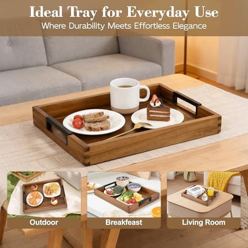 Large Ottoman Tray for Living Room and Coffee Table, Decorative Acacia Wood Serving Tray with Metal Handles for Breakfast in Bed, Dinner Food Kitchen TV (Natural, 20" x 14" x 2") - Image 5