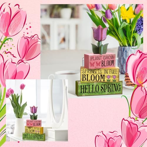 Moucuny 4 Pcs Spring Wood Block Signs Tiered Tray Decor Farmhouse Table - Image 6