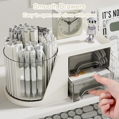 SAYEEC Rotating Desk Organizer with 2 Drawer 6 Slots Multi-Functional Pencil Pen Holder Desktop Makeup Organizer Stationery Accessories Storage Box Caddy for Office School Home Art Supplies (White) - Image 5