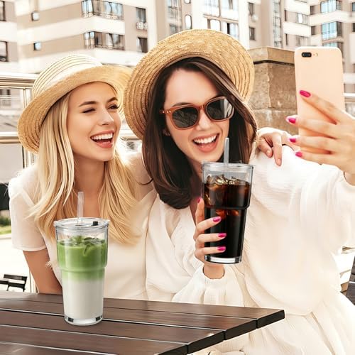 Iced Coffee Cups with Lids 2Pcs: Coffee Bar Accessories - Glass Tumbler with Straw and Lid 20oz - Vintage Glass Cups with Lids and Straws - Tumbler Leak Proof Aesthetic Drinkware for To Go Iced Coffee - Image 7
