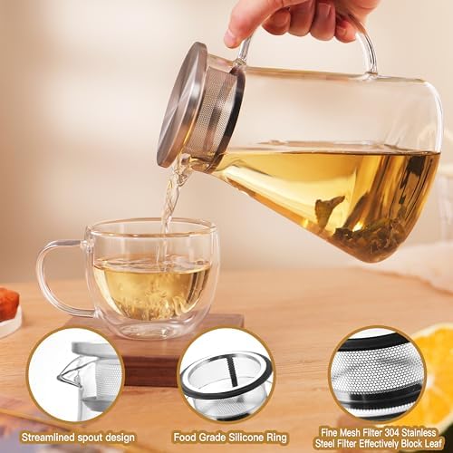 CNGLASS 30.5oz/900ml Glass Teapot Stovetop Safe,One-Touch Clear Tea Kettle,Blooming and Loose Leaf Tea Maker - Image 3