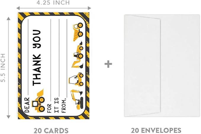 Andaz Press Kids Fill in the Blank Thank You Cards - 20 Cards Including Envelopes Construction Trucks Fun Gender Neutral Note Cards For Boys or Girls Thank You Notes for Friends, Family, Party Guests