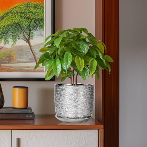 Ceramic Pot for Plants 8 Inch - Ceramic Flower Pot Indoor with Drainage Hole and Saucer, Decorative Round Indoor Planter, Plant Lover Gifts, Patio Home Office House Decor, Silver - Image 2