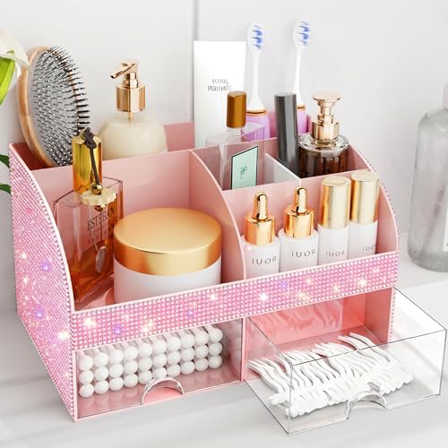 Bling Makeup Organizer with Drawers, Cosmetic Storage for Dresser Vanity and Bathroom Countertop, Beauty Holder for Lipstick Brush, Skincare Organizer for Vanity, Cosmetic Display Case Bling Pink by COMFYROOM