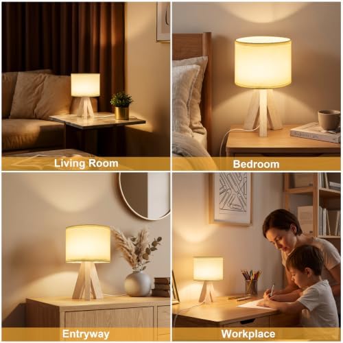 Tripod Table Lamp Small Bedside Lamp with White Fabric Shade, Mid Century Modern Nightstand Lamp for Bedroom Living Room Office Nursery, Wooden Legs(Cylindrical) - Image 7