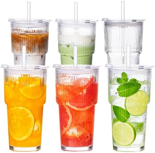 20oz Iced Coffee Cups with Lids, Glass Coffee Cups with Lids and Straws, 6P by VA1KENE