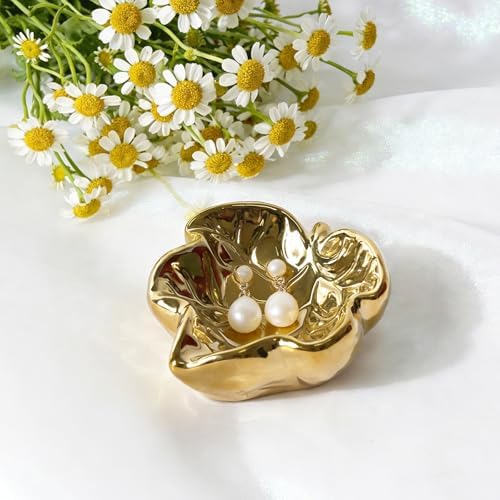 3.5' Golden Cute Leaves Ceramic Jewelry Tray for Dressing Table - Image 4