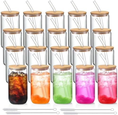 NETANY 20 Pack Glass Cups with Lids and Straws 16 oz, Personalized Customizable Glasses for Gift, Business, Drinking glasses set, Iced Coffee Cup, Cute Aesthetics Tumbler for Tea, Homemade Drinks by NETANY