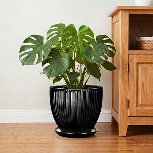 10 Inch Planter, Ceramic Plant Pots with Drainage Hole and Saucer, Large Decorative Planters for Indoor Plants, Modern Plant Pot, Round Flower Pot, House Bedroom Decor, Black - Image 6