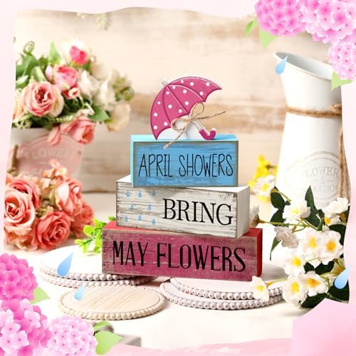 Moucuny 4 Pcs Spring Wooden Block Signs Farmhouse Table Decoration - Image 2