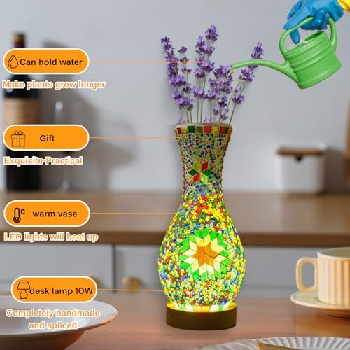 Mosaic Vase Lamp, Turkish Table Lamp with Wood Base, USB LED - Image 5