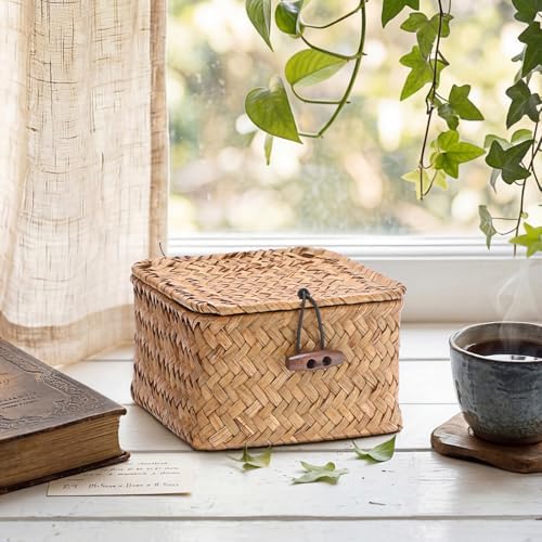Hipiwe Handwoven Seagrass Basket Decorative Shelf Basket with Lid Mini Square Wicker Storage Box, Caramel Color, 4.7" x 4.7" x 3" - Image 2
