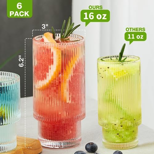 Qipecedm® 6 Pack Ribbed Drinking Glasses, 16 oz Vintage Glass Cups, Highball Glasses, Premium Iced Coffee Glasses, Clear Glass Tumbler, Cocktail Glasses, Elegant Glassware for Water Juice Whiskey Beer - Image 3
