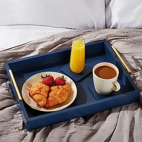 Juvale Coffee Table Tray - 15.7 x 11.8 x 3 in, Blue, Rustic Wood - Serving Tray with Interchangeable Gold & Silver Handles for Coffee Table Decor & Ottoman Use with 2 Coasters - Image 3