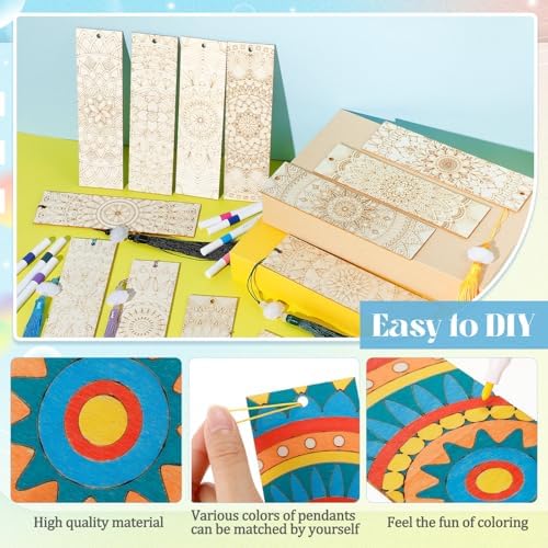 Reallnaive 42 Pcs Wooden Mandala Bookmarks DIY Painting Set Includes 15 Unfinished Blank Bookmarks 15 Tassels 12 Markers, for Mandala Gift Arts Craft Party for Adults Hobby - Image 4