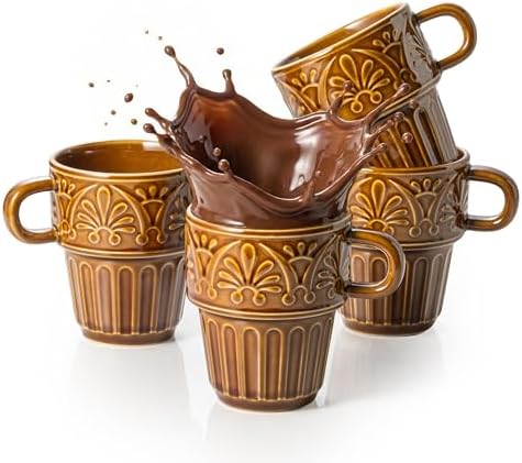 Ceramic Coffee Cups, Coffee Mugs Set of 4, 12 OZ Ceramic Mugs, Stackable Mug, Brown, Microwave & Dishwasher Safe for Hot Drinks Cocoa Latte, Perfect for Daily Use Gathering & All Holiday Gifts by LYEOBOH