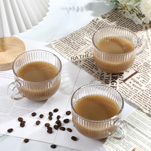 12 Pack Glass Coffee Mugs with Handles, 12 Ounces Glass Breakfast Mugs Bulk, Clear Tea Cups for Hot/cold Drinks, Glassware Set for Americano, Latte, Cappuccino(Ribbed) - Image 4
