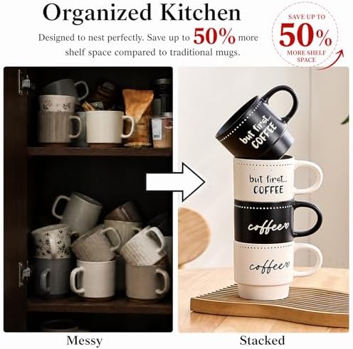 Ceramic Coffee Mugs, Coffee Mug Set of 4, 10oz Stackable Coffee Cups Set - Image 3