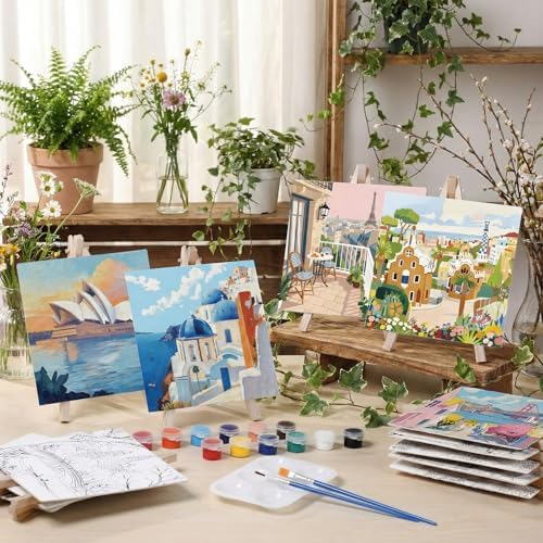 Supervitae 72 Piece Boho City Round Pre Drawn Canvas Kit 5.9" Paint and Sip Kit for Adults Painting Party Pre Printed Canvas DIY with Pictures Paints Easels Brushes for Party Gifts - Image 4