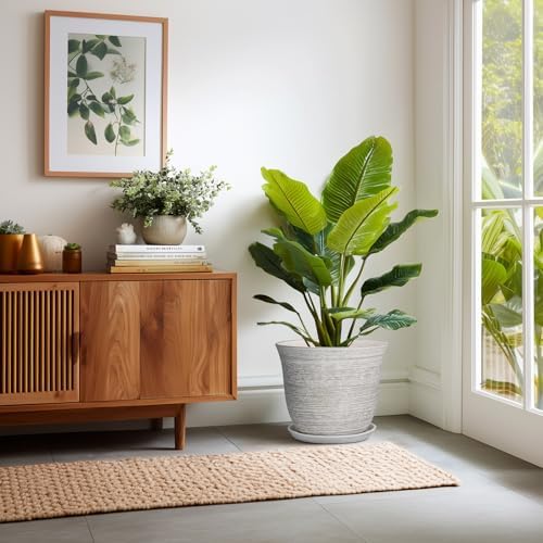 Ceramic Planter - 12 Inch Plant Pot with Drainage Hole and Saucer, Round Large Plant Pots for Indoor Outdoor, Modern Decorative Flower Pots, Garden Room Home Decor, Housewarming Gifts, Grey - Image 6