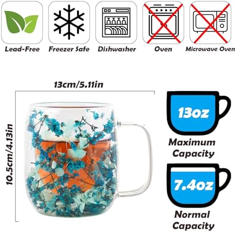 Real Flower Glass Tea Cup, 13 oz Double Wall Glass Coffee Mug with Preserved Flowers, Borosilicate Floral Cup, Gift for Women - Image 2