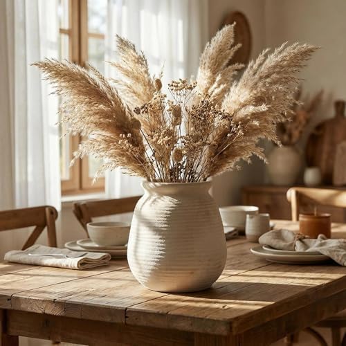 Rustic Terracotta Pot, 7 Inch Short Farmhouse Vase with Weathered Texture Vintage-White, Boho Home Decor for Pampas Grass, Tabletop, Mantel and Shelf Styling - Image 4