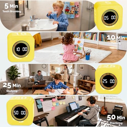 KADAMS Timer Pomodoro - Productivity Pomodoro Cube, 5/10/25/50 Min Countdown & Countup, Silent – for Work Study Workout Kitchen School Classroom Office ADHD Gift Kids (1, Yellow) - Image 5