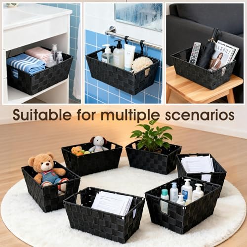 Black Storage Baskets for Shelves, Woven Shelf Baskets for Organizing, Small Strap Organizer Basket for Bathroom Storage, Set of 4 - Image 7