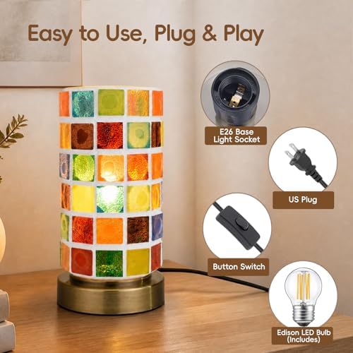 Mosaic Stained Glass Table Lamp for Bedroom Bedside, Bohemian Turkish Small Nightstand Lamp Night Light, Metal Base Round Colored Glass Shade Desk Lamp for Living Room Restaurant Bar (Bulb Included) - Image 3