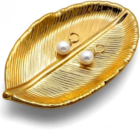 Ceramic Jewelry Tray, Decorative Trinket Dish for Rings, Earrings, Bracelet, Watch & Keys, Small Ceramic Jewelry Holder for Vanity, Dresser & Home Decor (Leaf – Metallic Gold) by Cilkus