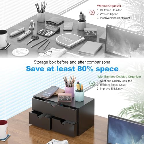Bamboo Desk Organizer with Drawers Desktop Storage Drawers for Bills Office Supplies Kitchen Utensils Organizing Tool for Home Classroom Organization No Assembly (Black) - Image 5