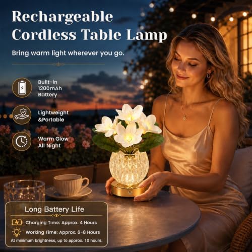 Flower Table Lamp, 3 Colors Touch Dimming Magnolia Glass Night Light, Rechargeable Artificial Flower Light, LED Flower with Vase Lamp Romantic Decor for Date Party Home (White - Magnolia) - Image 4