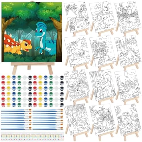 Tenceur 12 Sets Pre Drawn Canvas to Paint Adult Stretched Coloring Painting Canvas Panels with Design Easel and Brushes for Party Supplies Beginner Favor(Dinosaur) by Tenceur